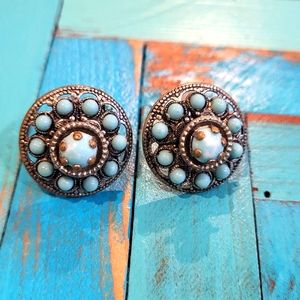 Vintage Screw Back Earrings Blue Glass Beads Silver Tone